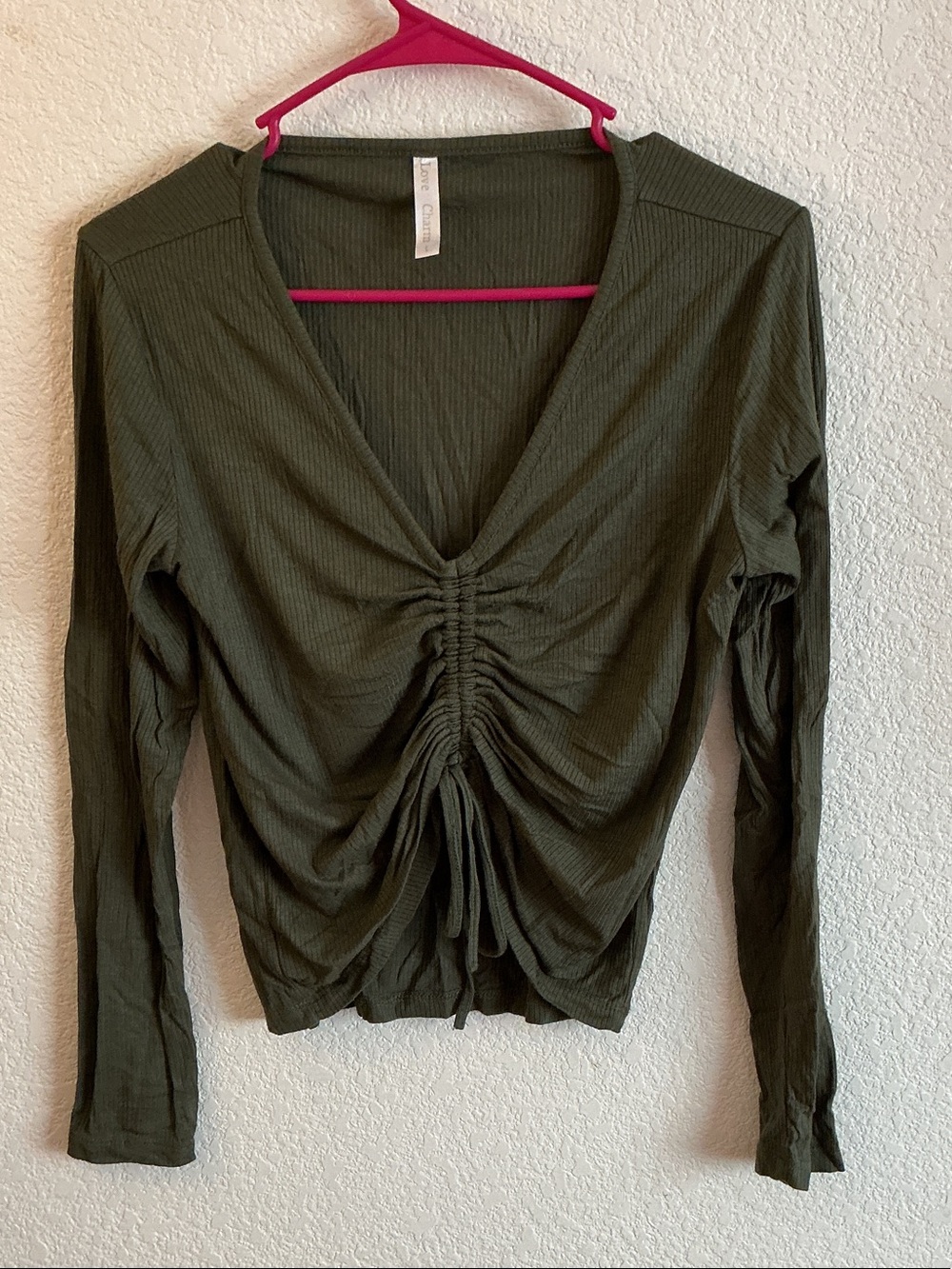 Ruched V-Neck Long Sleeve Top in Olive
